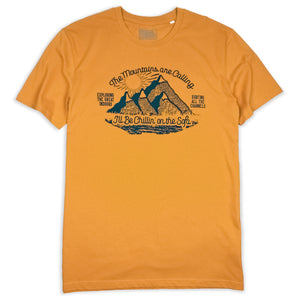 All's Well Originals Mountains mens/unisex Roasted Orange t-shirt hand printed 100% organic cotton t-shirt