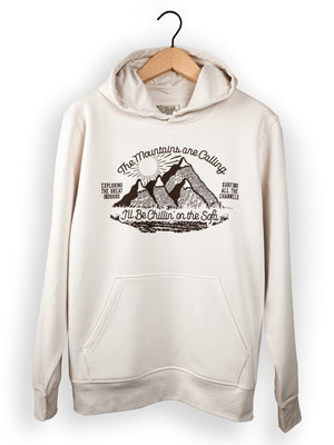 All's Well Originals Mountains mens/unisex Vintage White Hoodie hand printed Organic Cotton Hoodie