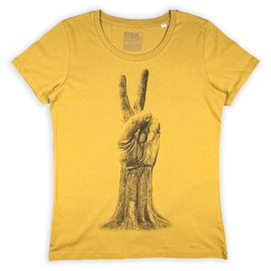 All's Well Originals Peace Sign womens mustard t-shirt hand printed 100% organic cotton t-shirt
