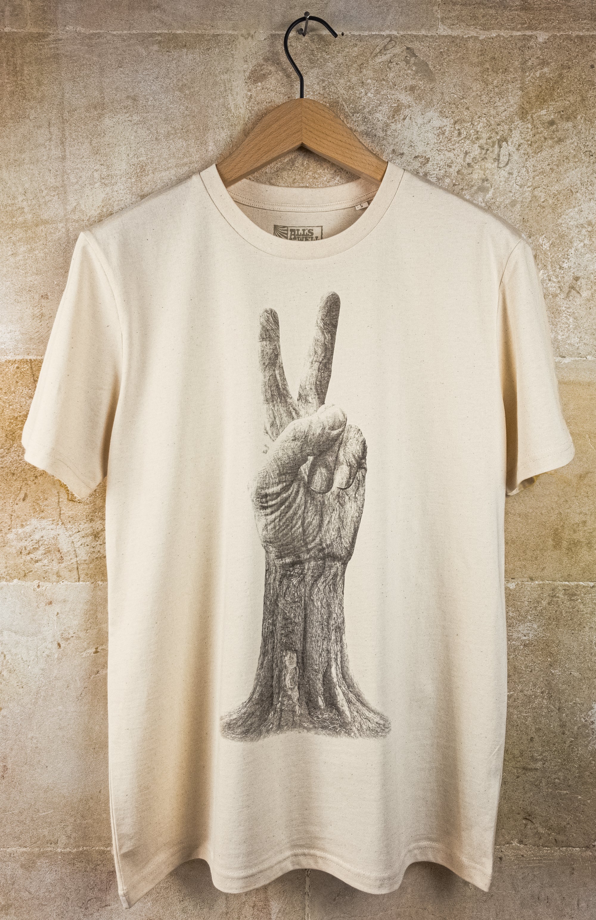 All's Well Originals Peace Sign mens/unisex natural t-shirt hand printed 100% organic cotton t-shirt