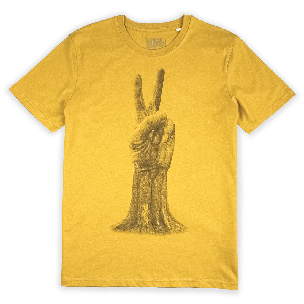 All's Well Originals Peace Sign mens/unisex mustard t-shirt hand printed 100% organic cotton t-shirt